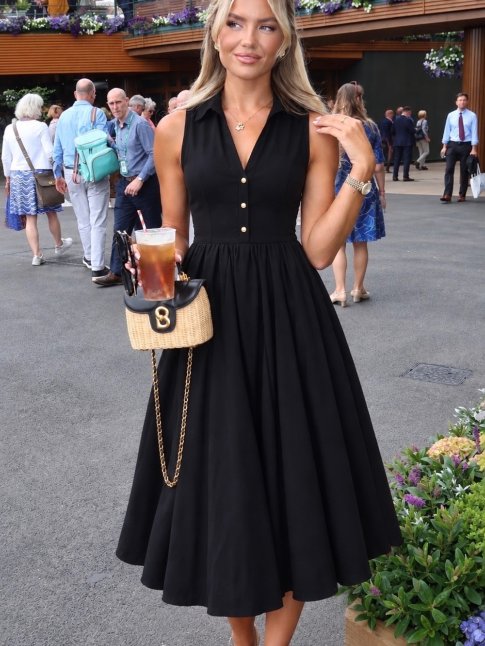 Marina Black Sleeveless Polo Collar Midi Dress with Pleated Skirt Size Small